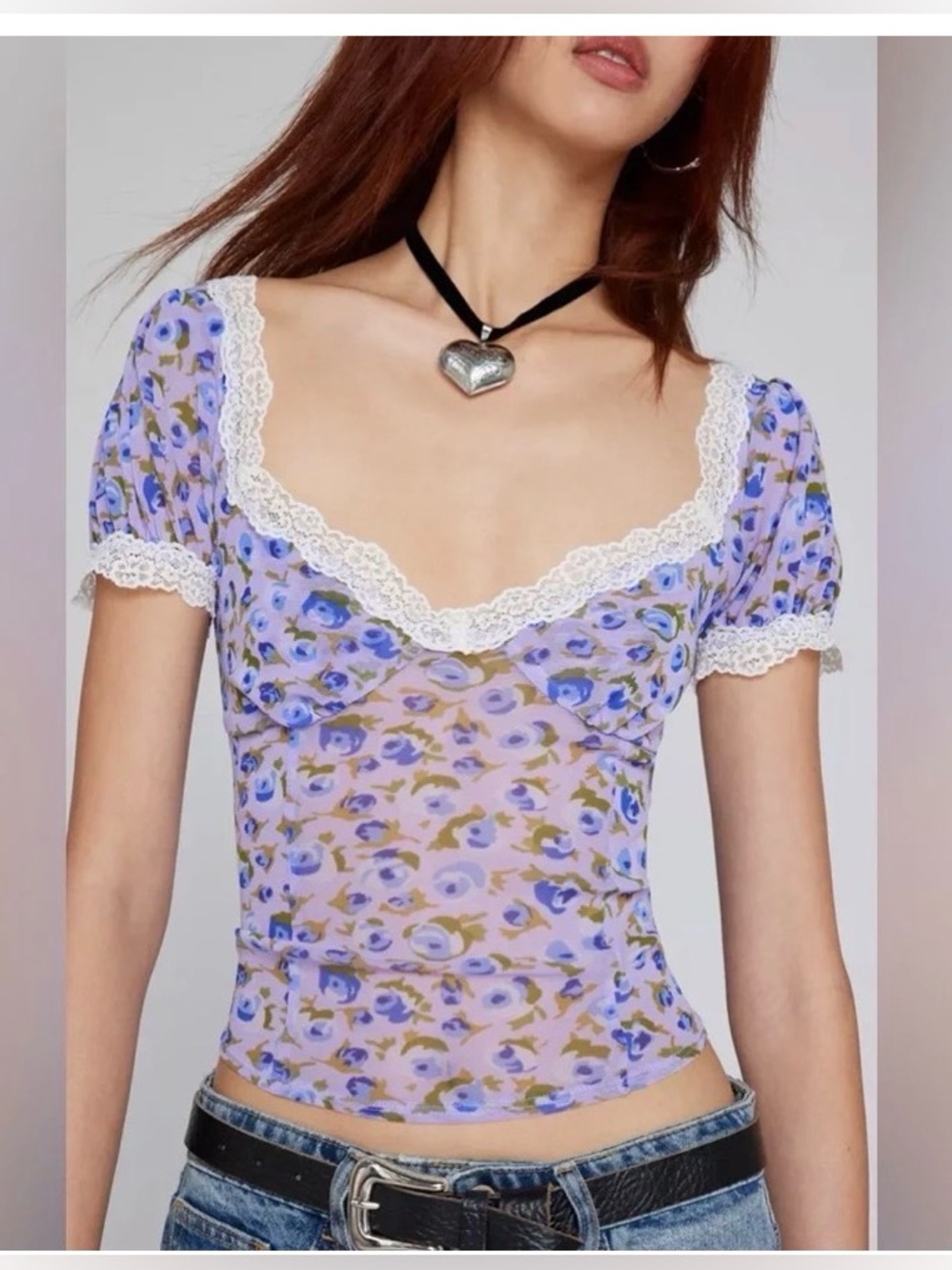 Kimchi Blue Y2K Cottagecore Lavender Floral Blake Puff Sleeve Mesh Top Small